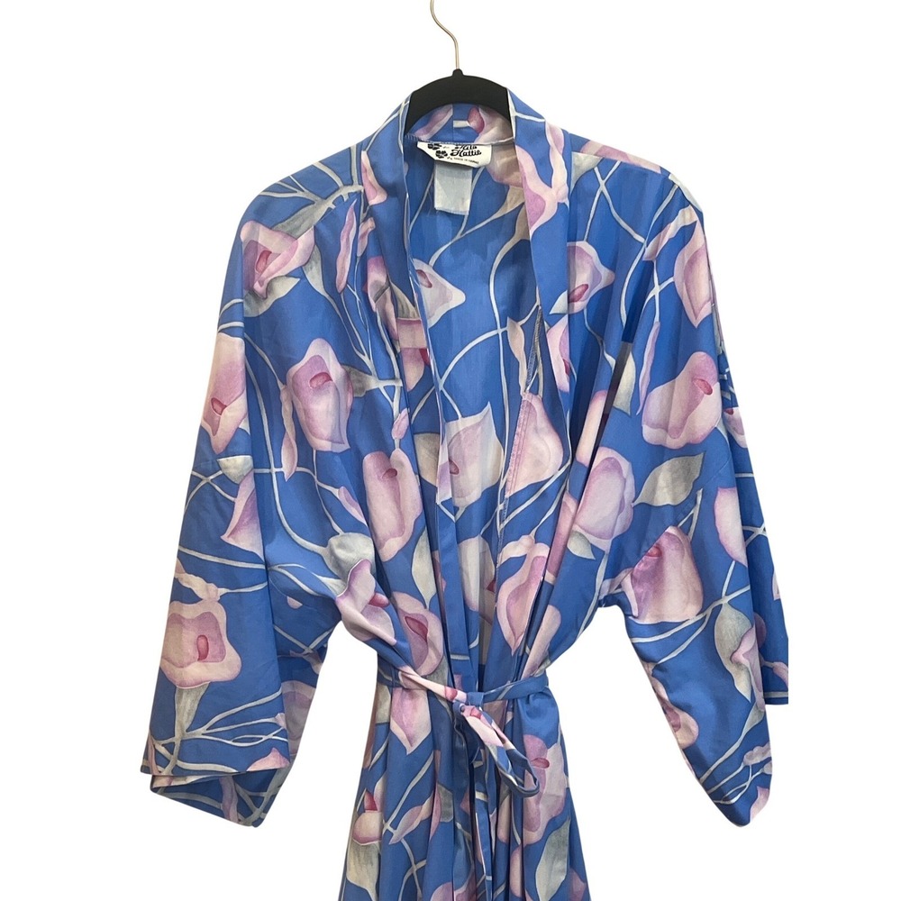Vintage Hilo Hattie Blue Floral‎ Long Robe Kimono Made in Hawaii OSFM - Picture 2 of 7